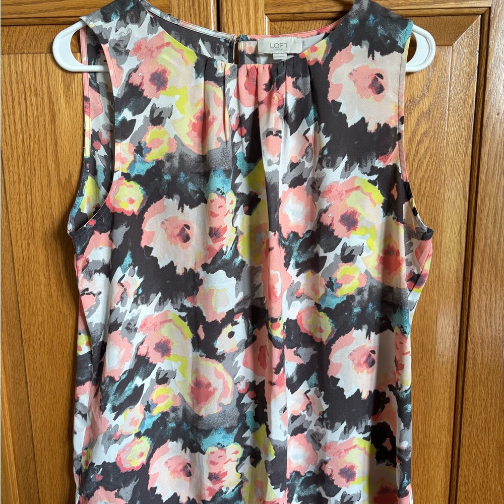 LOFT Pink and Yellow Pleated Sleeveless Blouse